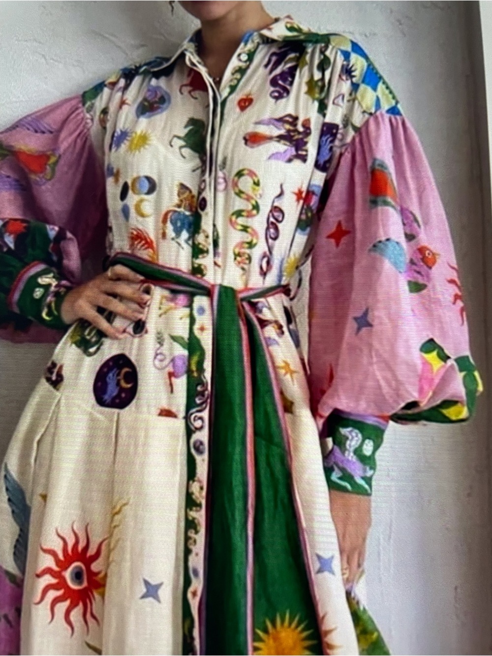 Printed Button-Front Maxi Dress with Pink Balloon Sleeves